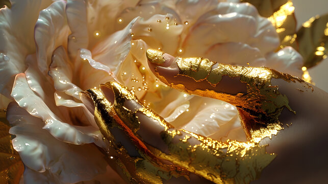 Fantasy art photo closeup female hand covered with gold paint skin touches white rose liquid gold dripping on petals Goddess woman strokes flower with finger Hand of Midas touch gilded : Generative AI
