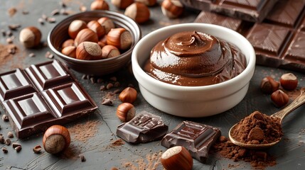 A delightful spread of chocolate-related items. There's a bowl filled with hazelnuts, some of which are scattered around