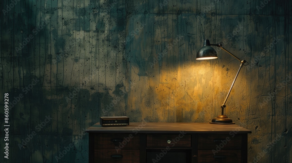 Poster a desk lamp on the table in front of a concrete wall. reading concept. idea