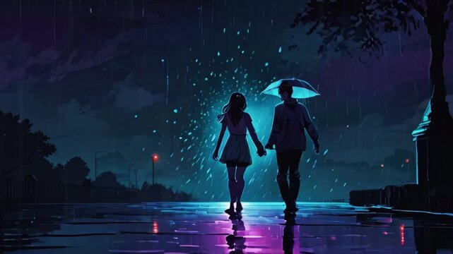A couple dances in the rain, with each raindrop glowing as it touches them, symbolizing the passion and magic of their love, zoom OBS, anime chill hip hop. Cyan purple colours manga style