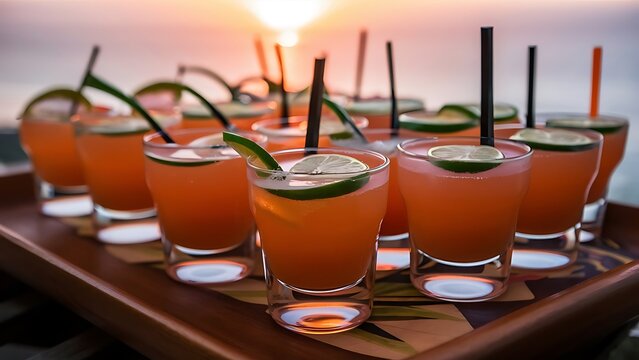 Small glasses of tequila and lime slices