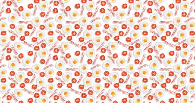 4K animated pattern of eggs, tomato and bacon moving from top to bottom. Breakfast ingredients in a hand-drawn style creating a repeatable background. Horizontal video.