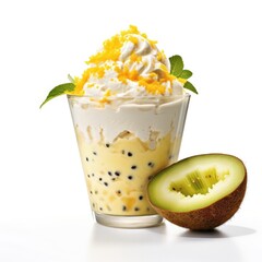 Layered dessert with whipped cream, custard, tapioca pearls, and kiwi