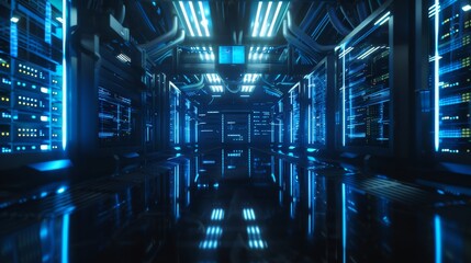 Futuristic Data Center with Blue Lighting - Generative AI