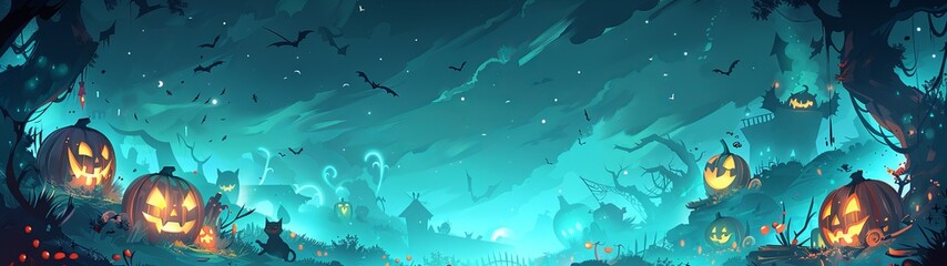 Naklejka premium Background with Halloween pumpkins, bats and moody trees in blue tones.