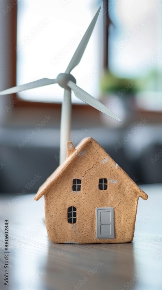 Poster a small house is sitting on a table next to a windmill