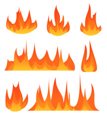 Fire set. Yellow and orange lights up. Object isolated on white background. Cartoon fun style Illustration vector