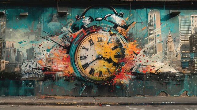 Colorful street art of an exploding clock set against a cityscape backdrop