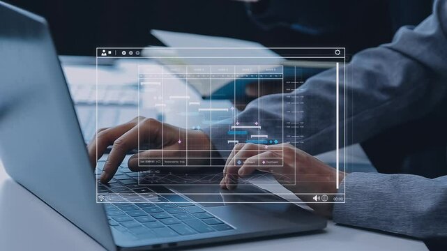Project manager working with Gantt chart schedule to plan tasks and deliverables. Scheduling activities with a planning software, Corporate strategy for finance, operations, sales, marketing.
