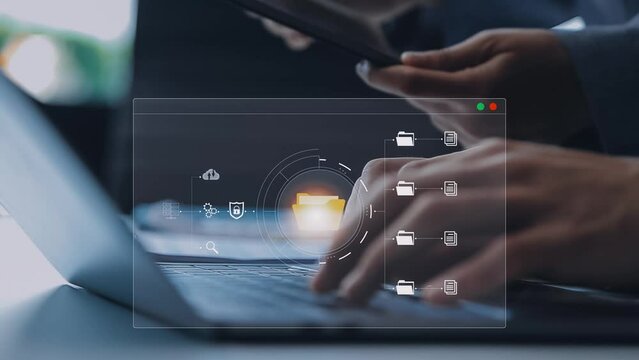 Document management concept. Virtual screen icons Document Management System DMS Online document database, software for efficient archiving, searching and management of company files and data.