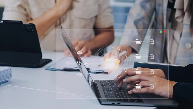 Document management concept. Virtual screen icons Document Management System DMS Online document database, software for efficient archiving, searching and management of company files and data.