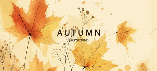 Abstract art autumn minimalistic background with brush texture and flying maple leaves. Hand-painted natural art with fall leaves. Autumn border 