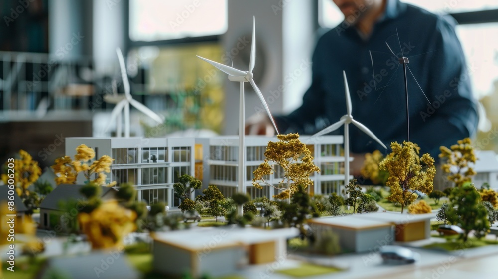 Poster a man is sitting in front of a model of a city with windmills