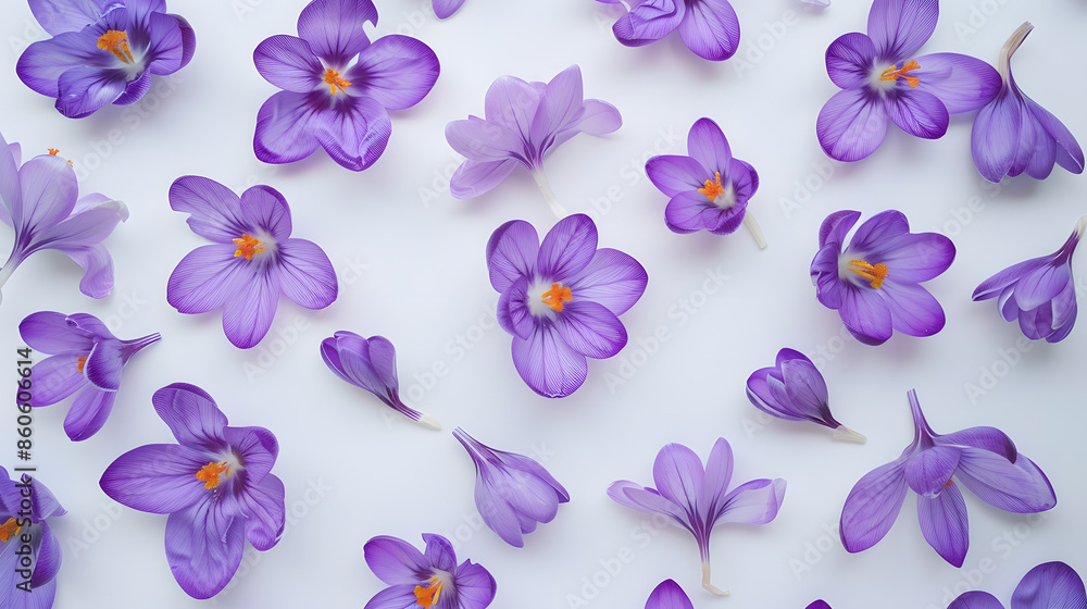 Poster Violet crocuses on a white background Spring flowers Top view flat lay : Generative AI