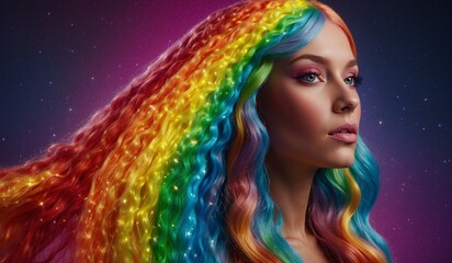 Woman with vibrant, colorful hair in a cosmic backdrop