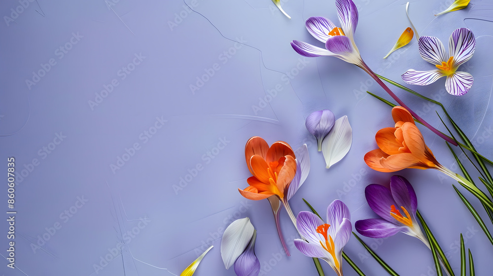 Leinwandbilder flower layout from spring flowers crocus on a pastellilac background Top view and copy space : Generative AI