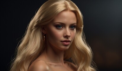 Fototapeta premium Blonde woman with soft waves against a dark backdrop.