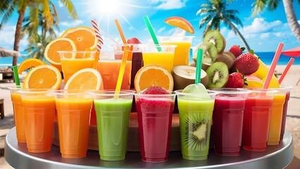 Fresh juices assortment of colored fruit juices to take away in a plastic glass