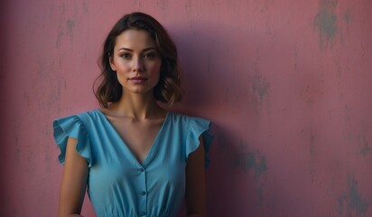 Elegant woman in ruffled blue dress against pink wall