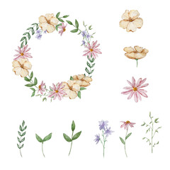 Frame with watercolor garden flowers and leaves