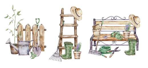 Watercolor Garden illustrations set with gardening tools