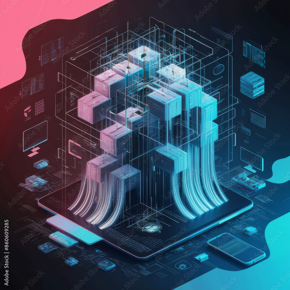 Aufkleber a futuristic digital illustration of a complex blockchain network on a tablet