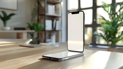 Smartphone mockup with blank screen on white table. 3D rendering