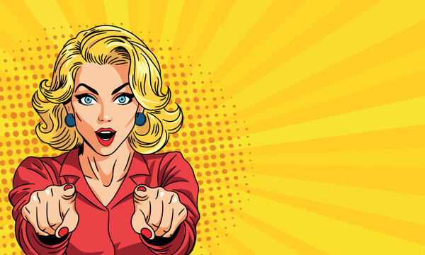 Fototapeta  Young woman in pop art style smiles and points her finger at you. On a yellow background. Pop art in vector comic style