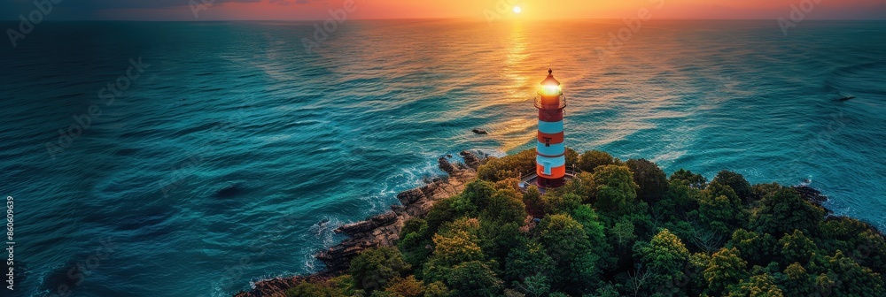 Sticker Lighthouse on a Cliff at Sunset