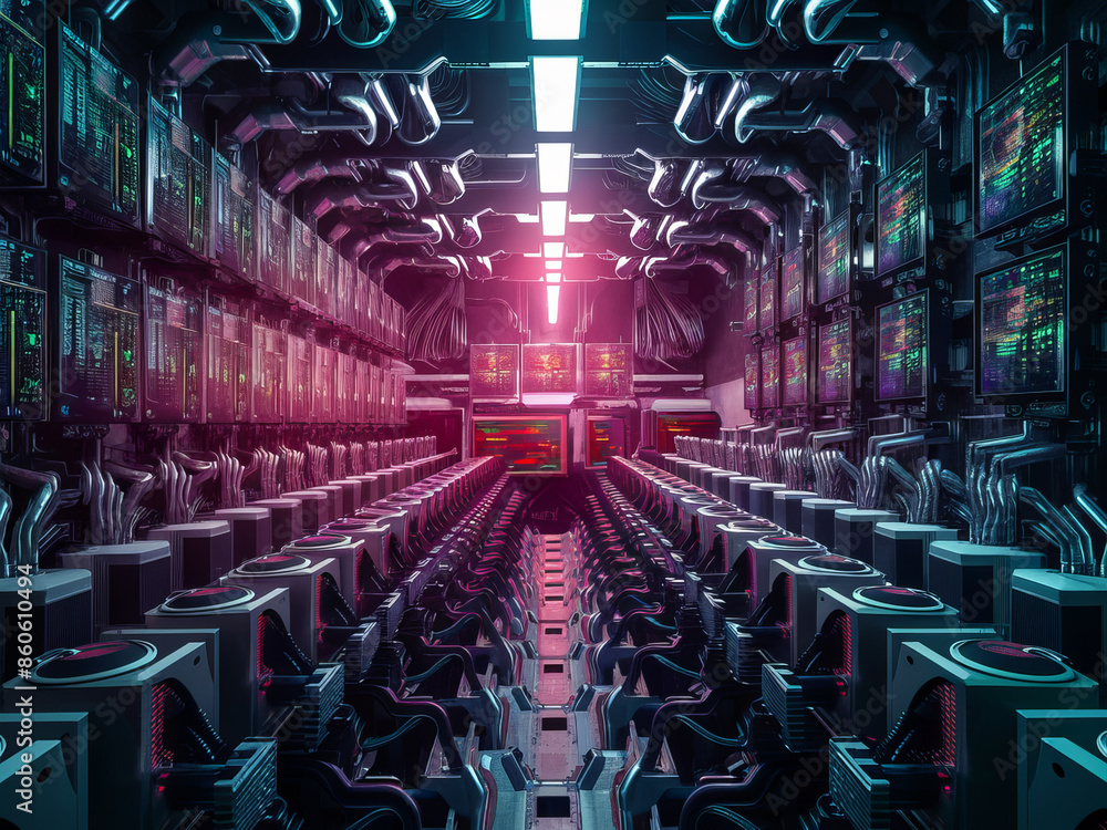 Poster high-tech futuristic scene showcasing sophisticated data processing center, advanced computers, ai, 