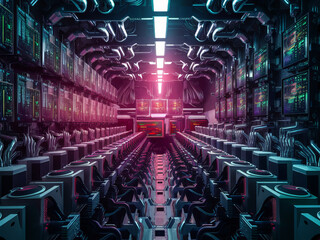 High-Tech Futuristic Scene Showcasing Sophisticated Data Processing Center, Advanced Computers, AI, Machine Learning, Cybersecurity, Neon Lights