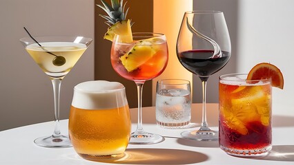 Composition with five glasses of drinks