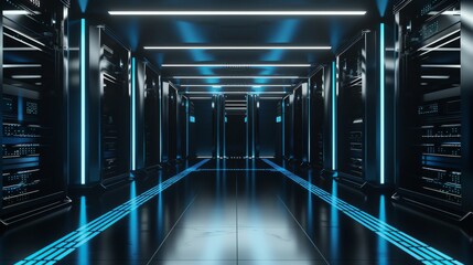 Modern Data Center with Blue LED Lights, Generative AI