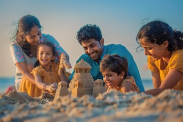 Joyful Indian Family Building a Sandcastle on the Beach - Perfect for Summer Vacation, Family Bonding, and Travel Promotions