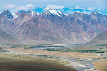 A valley surrounded by mountains with a river flowing in the foreground, Zanskar, Himalayas