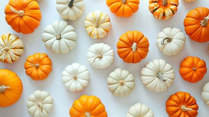 A row of white and orange pumpkins are arranged in a pattern