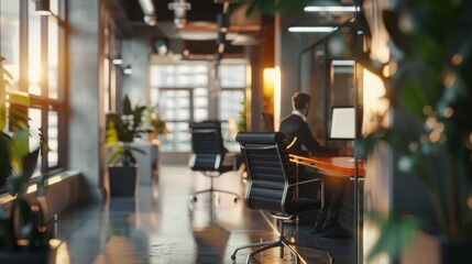 Blurred image of business people walking in the lobby of a modern office building