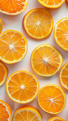 Circular slices of oranges on a white background. Smart phone 9:16 aspect ratio.