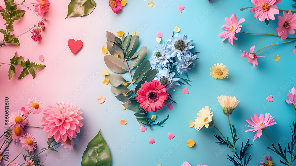 Poster creative layout with colorful flowers leaves and heart shape anniversary conceptflat lay : generativ