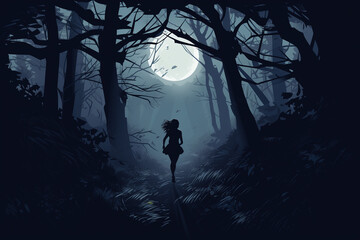 Fototapeta premium Silhouette of Woman Running in Moonlit Forest, Digital Art