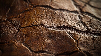 Fototapeta premium A close-up view of a textured, leather-like material. The leather has a rich, deep brown hue with intricate, cracked patterns that give it a rugged and aged appearance