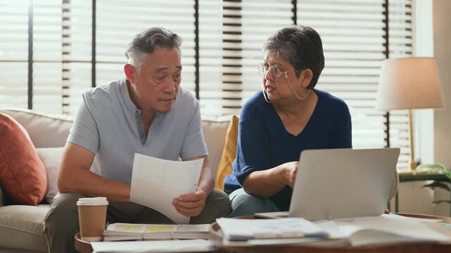 old retired asian senior couple checking and calculate financial billing together on sofa involved in financial paperwork, paying taxes online using e-banking laptop at living room home background