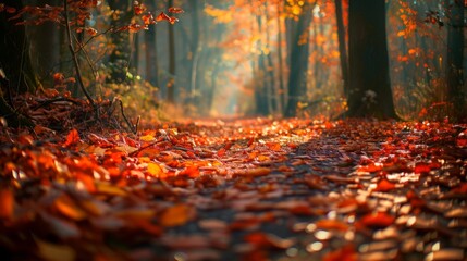 Autumn Forest Path with Fallen Leaves, Generative AI