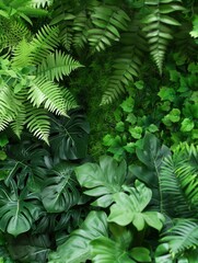 A close-up view of lush, vibrant tropical rainforest foliage, showcasing various plant species in a dense, verdant setting. Generative AI