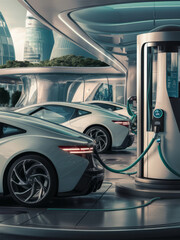 hydrogen fuel cell vehicles being recharged at a modern hydrogen station.