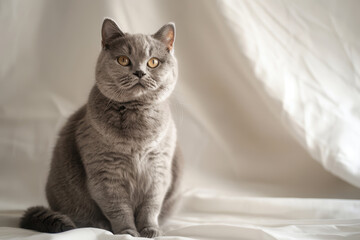 Cute gray cat sitting on a white sheet backdrop, looking at the camera with a calm expression.