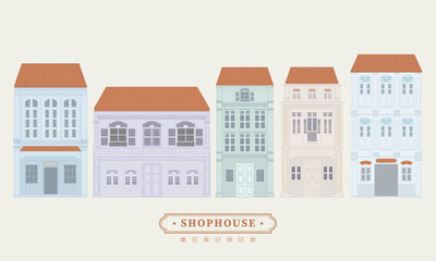 Collection set of minimal vector illustration drawing of an old school heritage shophouse facade in pastel colour. For concept proposal, design, postcard, banner, social media