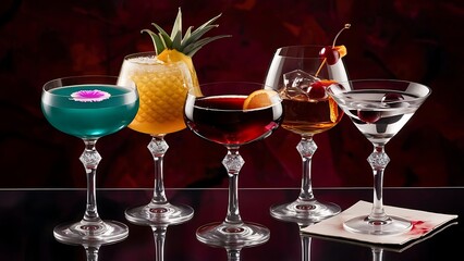Composition with five glasses of drinks