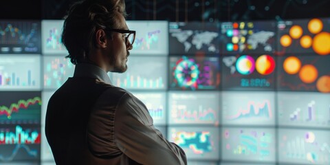 Market Research Analysis with Copy Space A professional analyzing market research data on a large screen vibrant colors high-frequency textures 
