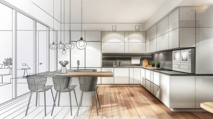 Modern kitchen design concept blending sketch and real elements with island, bar stools, and hanging lights for a contemporary interior.
